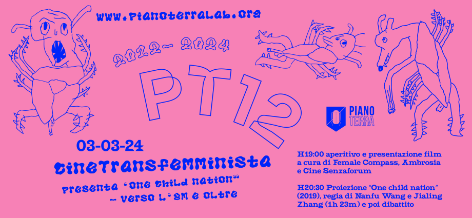 grafica sfondo rosa e disegni blu con testo in font sicodellico che presenta il prpgrama del cinetransfemminista per il compleanno di PT